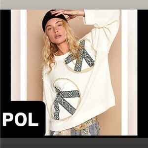 423 POL Black Peace Patch Vintage Washed Thermal Top Relaxed Fit